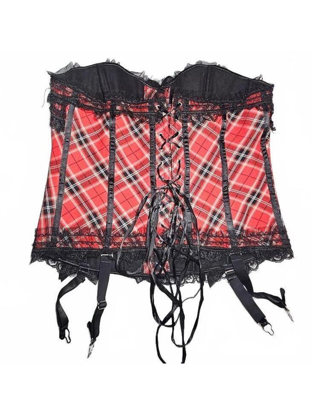 Hips & Curves Corset 2X Red Plaid Lace Up Goth Punk